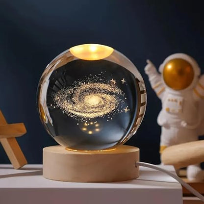 3D Galaxy Crystal Ball Night Lamp - Engraved USB Table LED Wooden Light for Home Office Decoration and Birthday Gift