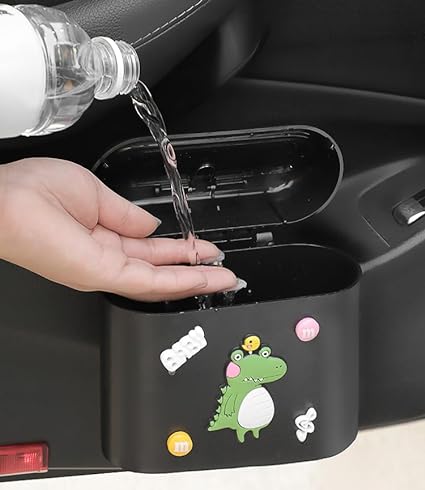 Car Trash Bin Can Holder Dustbin Hanging- Black (15.5 X 14 Cm) Press Top Waste Bin With Cute Stickers