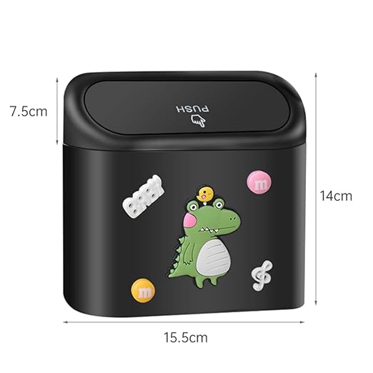 Car Trash Bin Can Holder Dustbin Hanging- Black (15.5 X 14 Cm) Press Top Waste Bin With Cute Stickers