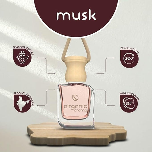 Swing Prime Car Perfume Hanging Pod - Musk Fragrance | 10 ML | Car Air Freshener |Natural Essential Fragrance Oils in Glass Bottle with Wooden Diffuser Lid |Last Upto 60 Days