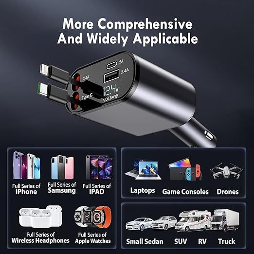 Retractable Car Charger, 100W 4 in 1 Super Fast Charge Car Phone Charger (31.5 Inch) and 2 USB Ports Car Adapter for iPhone and android