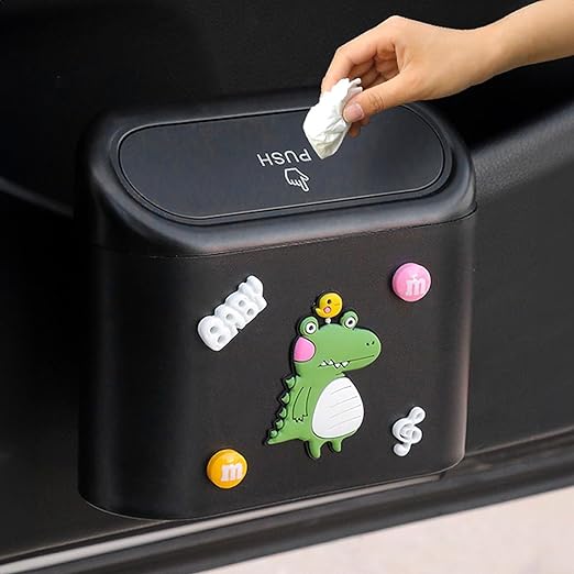 Car Trash Bin Can Holder Dustbin Hanging- Black (15.5 X 14 Cm) Press Top Waste Bin With Cute Stickers