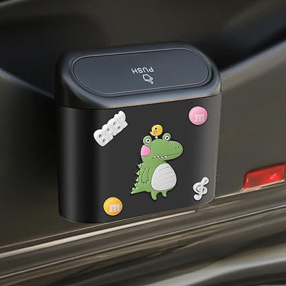 Car Trash Bin Can Holder Dustbin Hanging- Black (15.5 X 14 Cm) Press Top Waste Bin With Cute Stickers