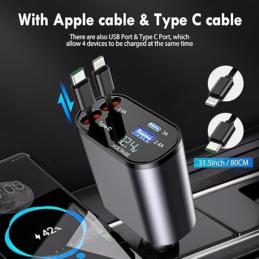 Retractable Car Charger, 100W 4 in 1 Super Fast Charge Car Phone Charger (31.5 Inch) and 2 USB Ports Car Adapter for iPhone and android