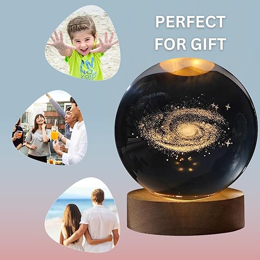 3D Galaxy Crystal Ball Night Lamp - Engraved USB Table LED Wooden Light for Home Office Decoration and Birthday Gift