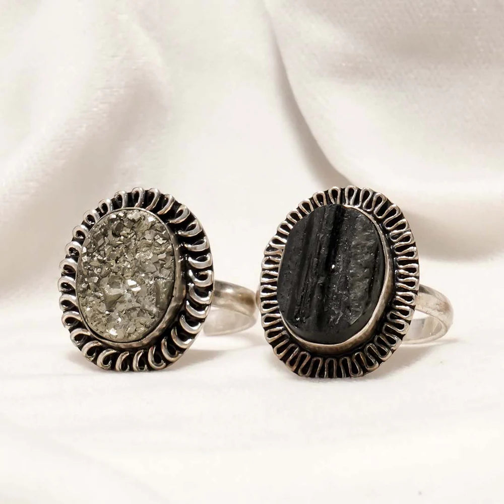 Crystal Shield ( Black Tourmaline Ring +Pyrite Geode Ring )