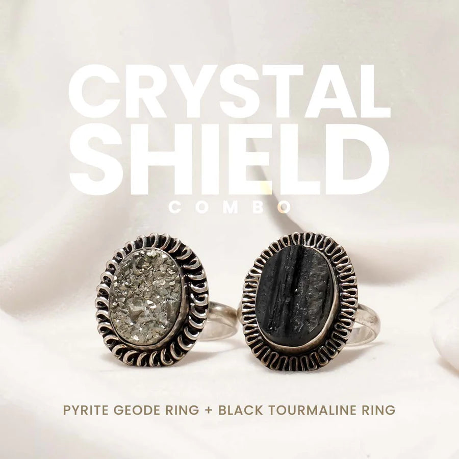 Crystal Shield ( Black Tourmaline Ring +Pyrite Geode Ring )