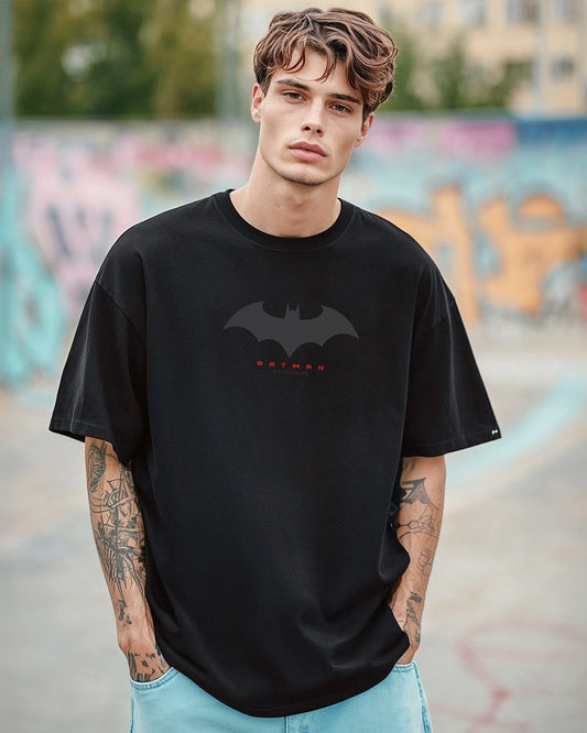 Men's Black Batman Outline Logo Graphic Printed Oversized T-shirt