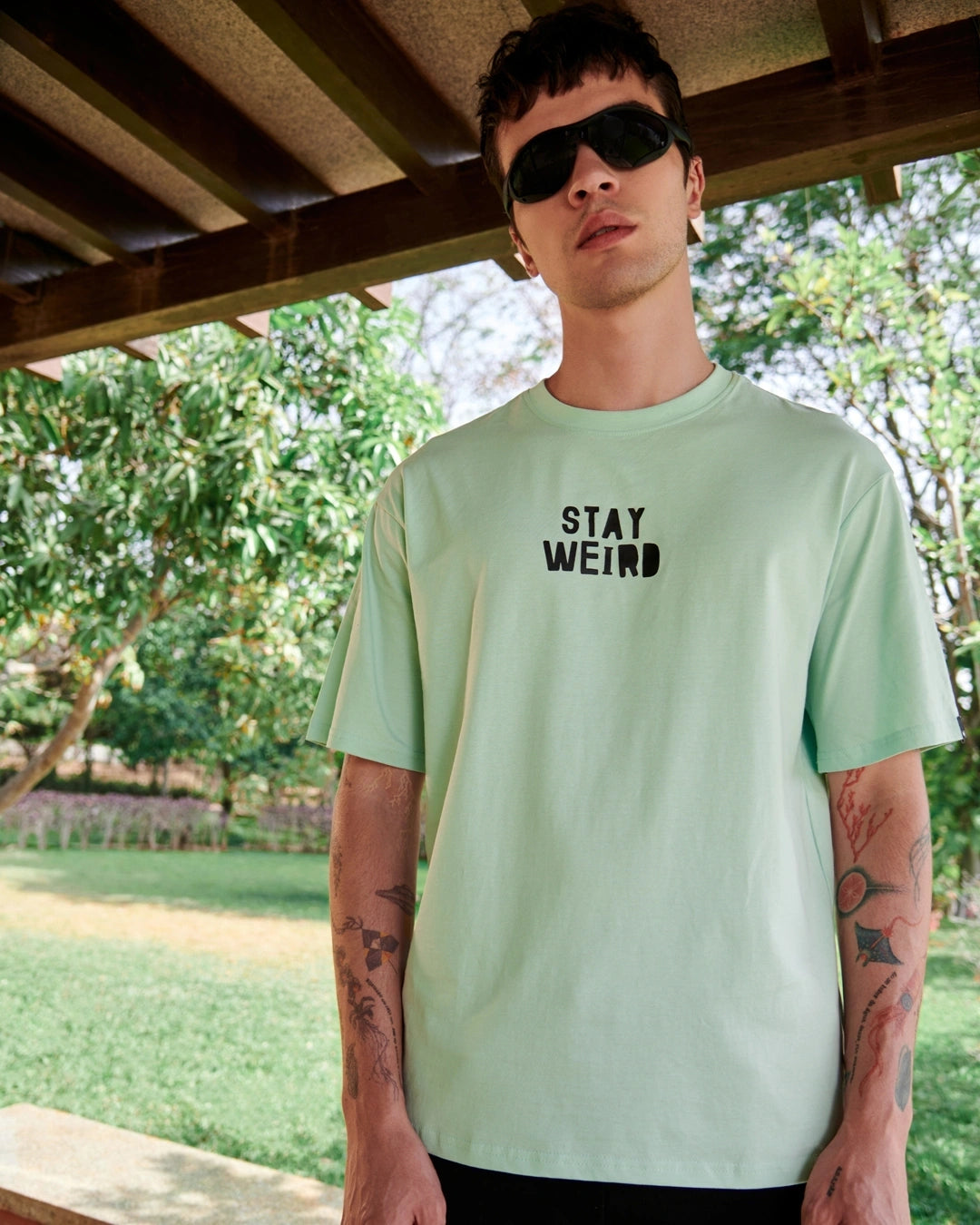 Men's Green Stay Weird Typography Oversized T-shirt