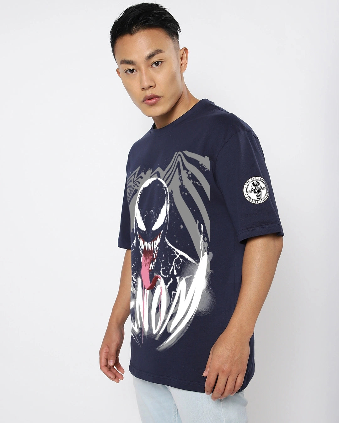 Men's Navy Blue Venom Graphic Printed Oversized T-shirt