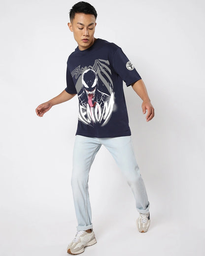 Men's Navy Blue Venom Graphic Printed Oversized T-shirt